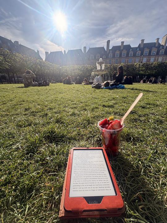 E-reader en aardbeien op het gras in Parijs